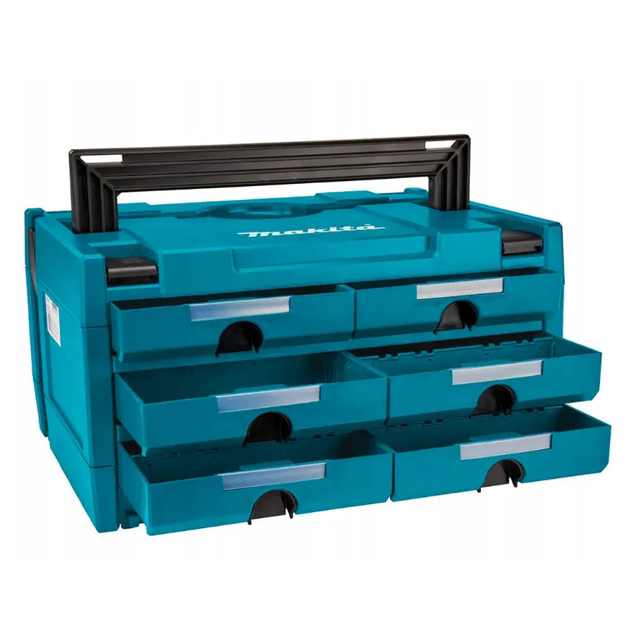 Koffertorganisator med seks uttrekkbare skuffer, blå plast, sett skrått forfra med sort bærehåndtak.