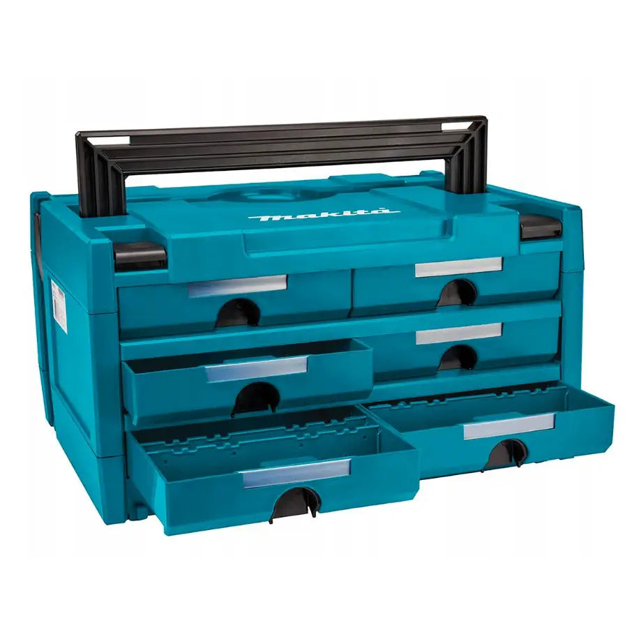 Koffertorganisator Makpac, blå plastboks med fire uttrekksskuffer, sort håndtak og sølvdetaljer, skrå forside.