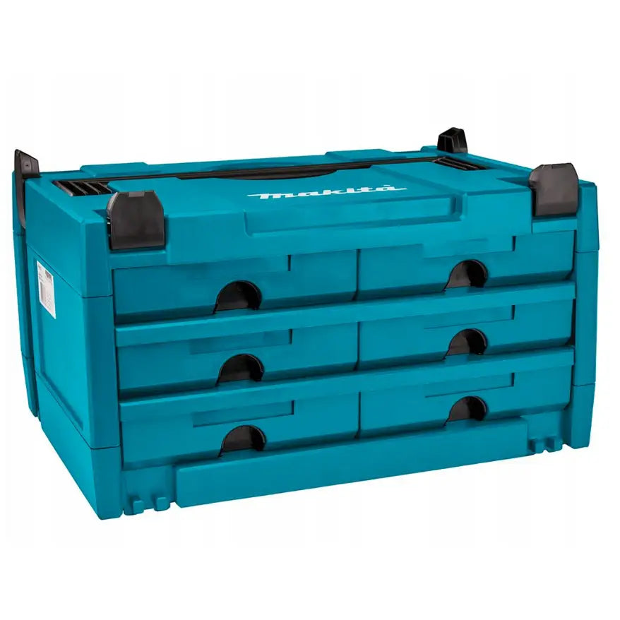 Koffertorganisator Makpac Makita, blå plastkasse med fire sorte skuffer og hvit logo, sett skrått forfra.