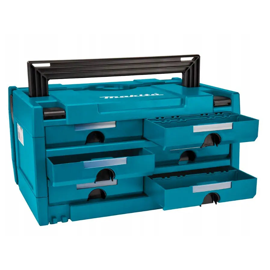 Koffertorganisator med 6 skuffer fra Makita, blå boks med åpne skuffer og sort håndtak sett forfra fra siden.