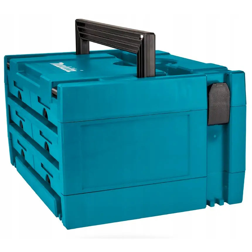 Koffertorganisator med 6 skuffer fra Makita, skråvisning med sort håndtak og synlige stablekanter på sidene.