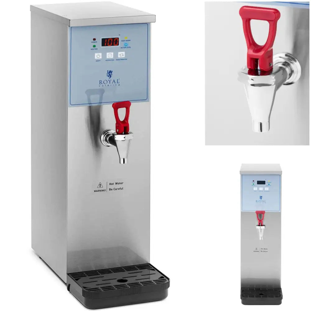 Elektrisk vannkoker i rustfritt stål, frontvisning med rød hendel, digitalt display og blå detaljer på frontpanel.