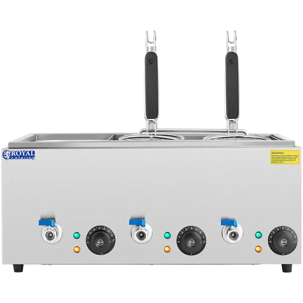 Kokeplate for kokemakaroni med dryppkraner, frontbilde med to kurver, fire kontrollknapper og indikatorlys.