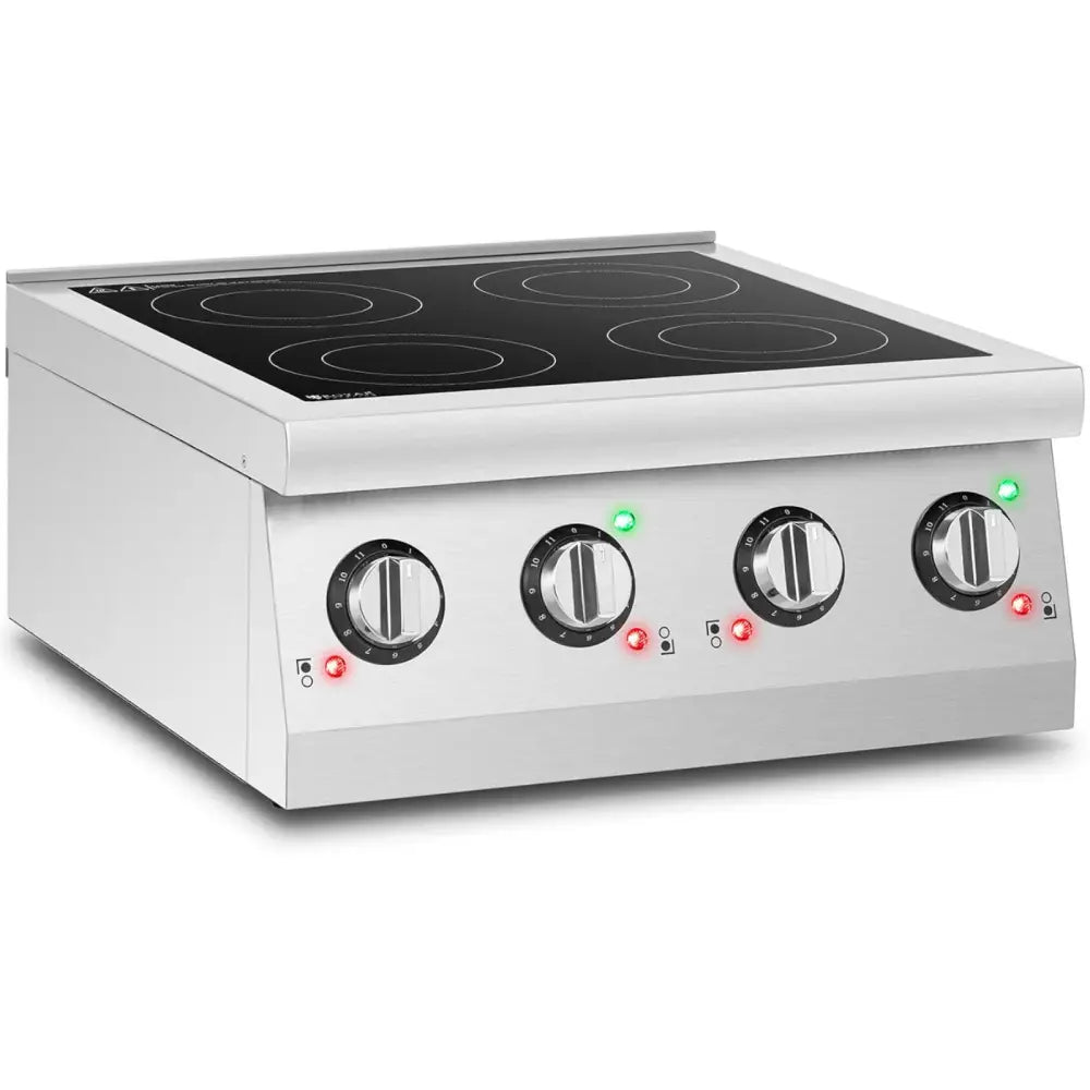 Koketopp med fire induksjonssoner, skrå forsidevisning med dreieknapper og indikatorlys i rustfritt stål.
