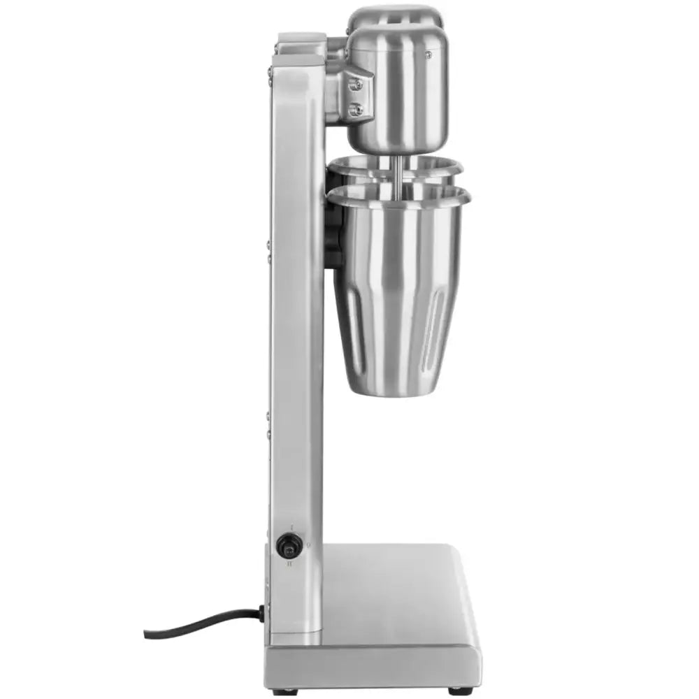 Koktail shaker mikser i børstet stål, sidevisning med blank metallbeholder og synlig strømkabel nederst.