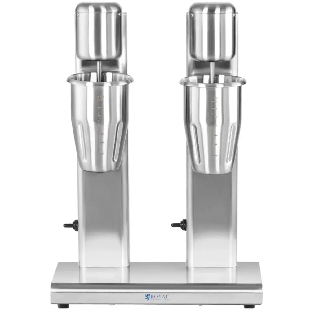 Dobbel koktailshaker mikser i rustfritt stål, frontvisning med to 1-liters blandebegre og synlige målemerker.