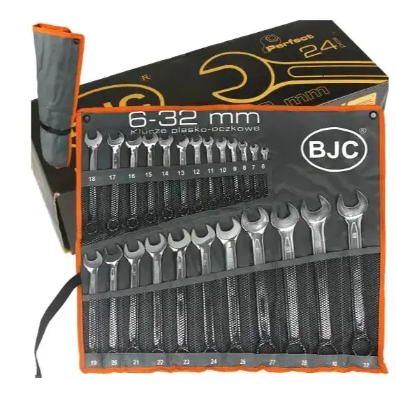 Kombinasjonsnøkkelsett i sort og oransje mappe, alle 24 nøkler synlig med størrelsesmerking og BJC-logo.