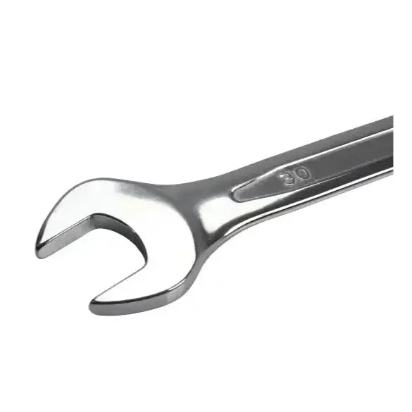 Kombinasjonsnøkkel 30 mm i blankt metall, sideprofil med synlig åpning og inngravert størrelsesangivelse.