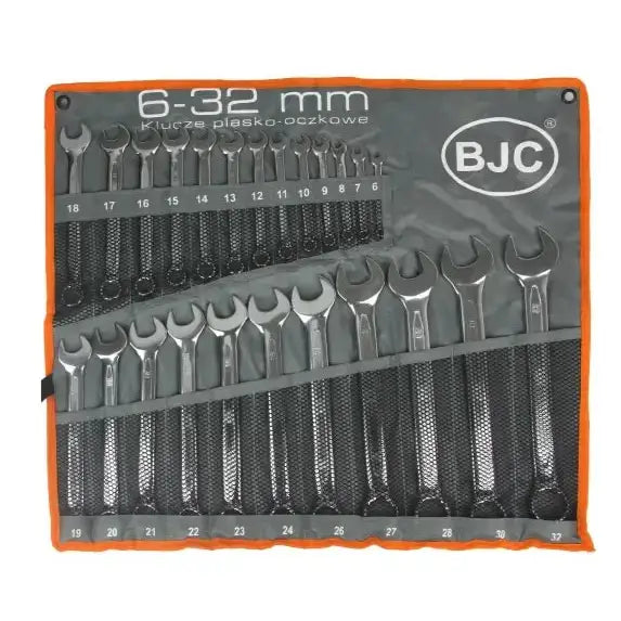 Kombinasjonsnøkkelsett med 25 størrelser, ordnet i grå og oransje mappe med nettinglommer, frontvisning.