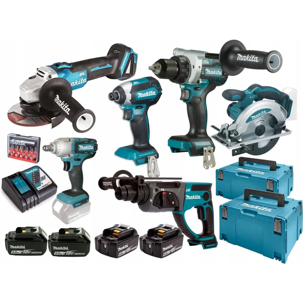 Kombinasjonspakke med 6 elektroverktøy 18V, inkludert tilbehør og oppbevaringskofferter på hvit bakgrunn.