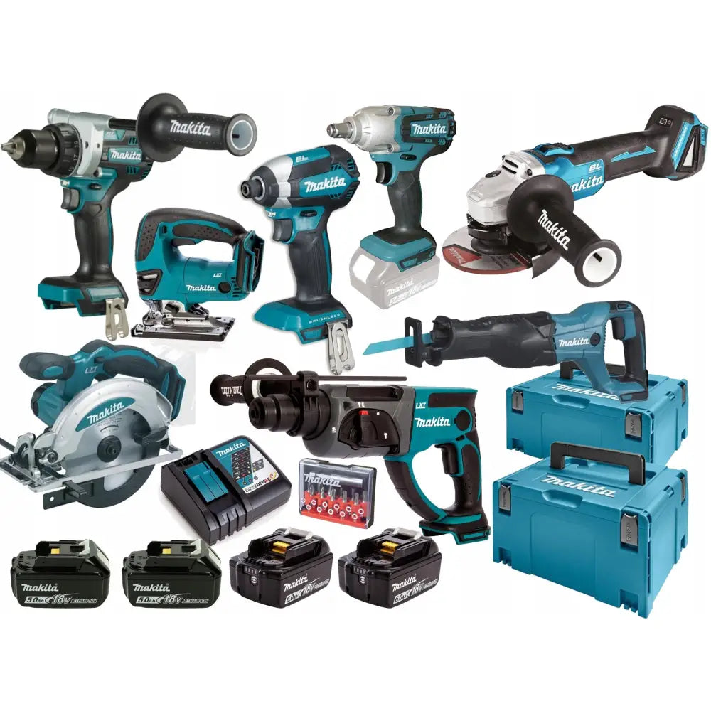 Kombinasjonspakke med 8 elektriske verktøy 18V, sett skrått med driller, sager, vinkelsliper og tilbehør.