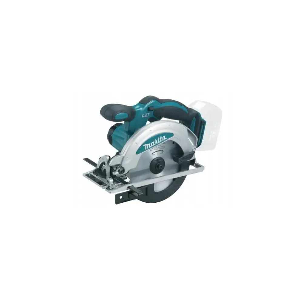 Elektrisk sirkelsag i blått og sølv, skrå vinkel, synlig sagblad og sort håndtak med logo på siden.