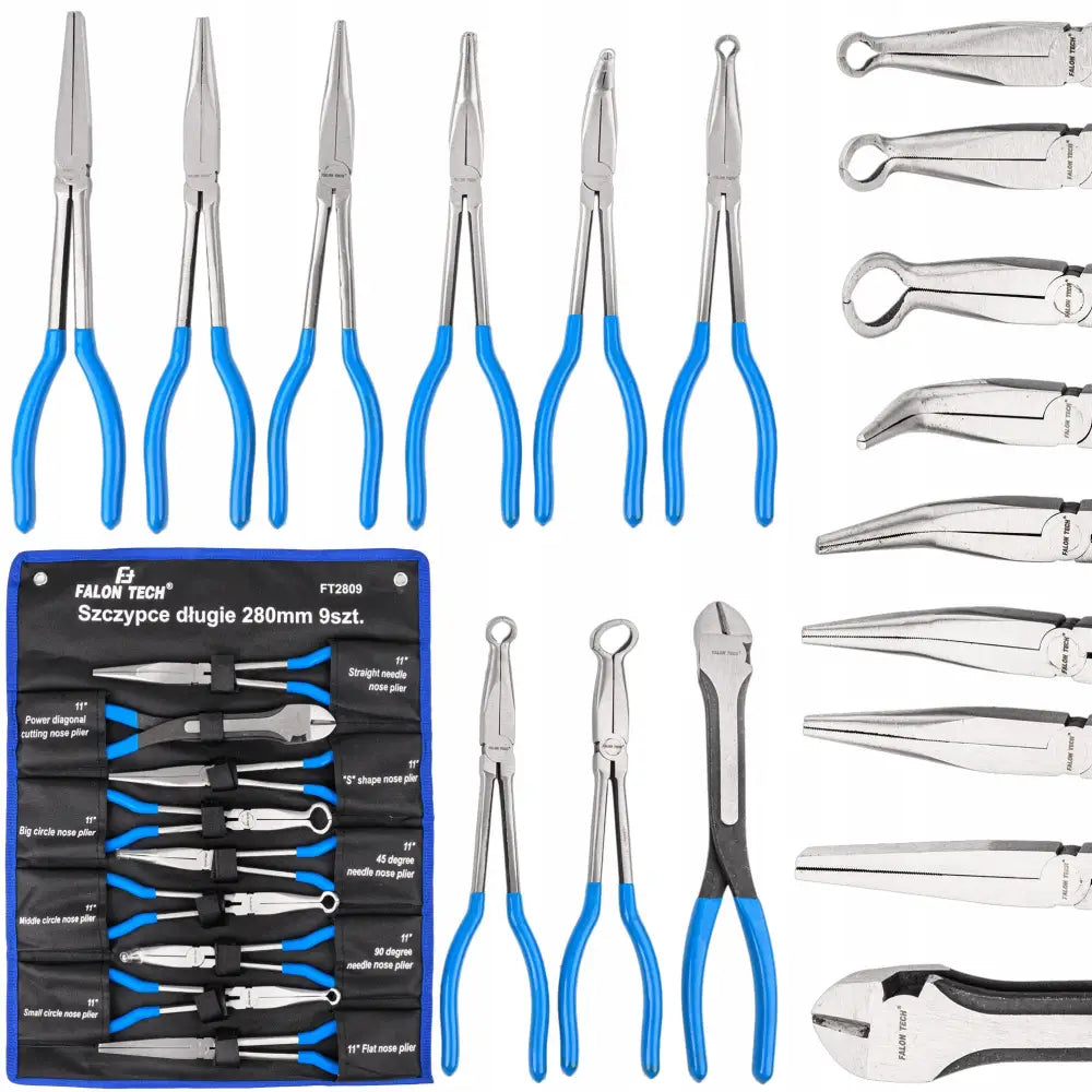 Tangsett med ni sølvfargede tenger med blå håndtak, presentert i svart etui og enkeltvis fra ulike vinkler.