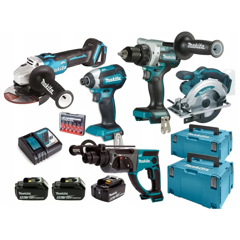 Kombosett med 5 elektriske verktøy 18V, komplett med batterier, lader, bitssett og kofferter, frontvisning.