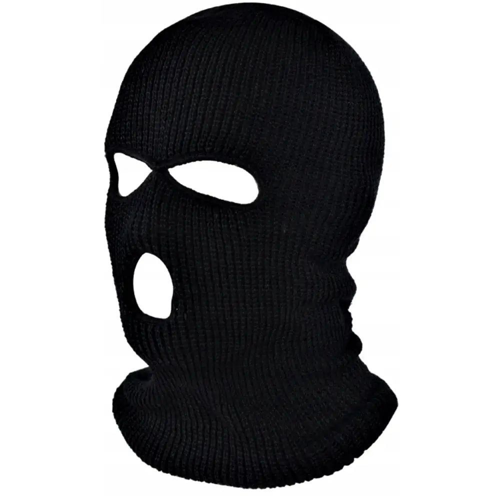 Svart kominiarka finlandshette med tre åpninger, strikket materiale, sett skrått forfra mot høyre.