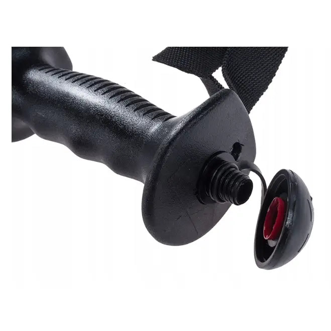 Komperdell Schnapsstock skistav, nærbilde av sort ergonomisk grep med stropp og avskrudd lokk på enden.