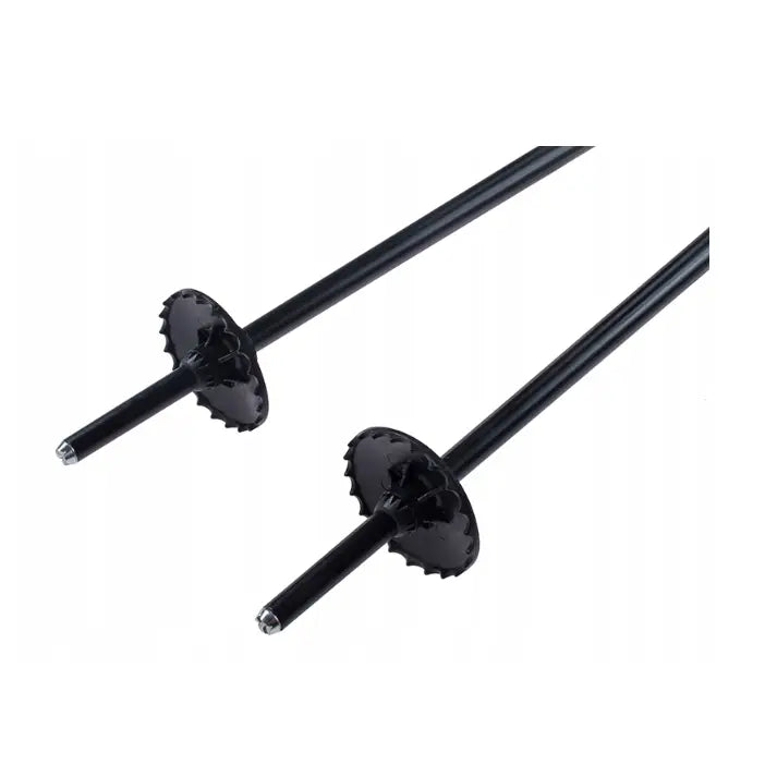 Komperdell Schnapsstock skistaver 115 cm, sett skrått ovenfra med runde trinser og spisse metalltupper.