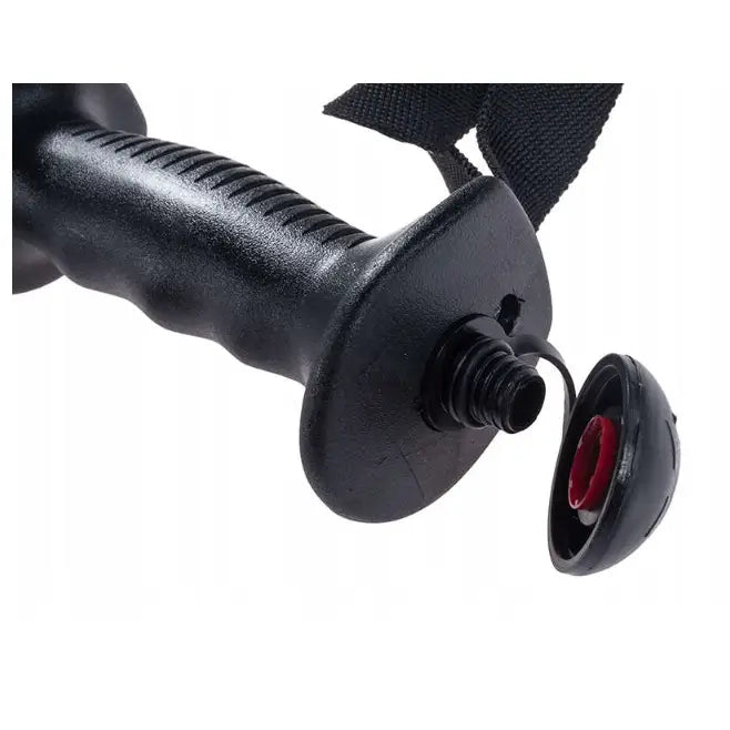 Komperdell Schnapsstock skistav, nærbilde av sort plasthåndtak med avskrudd lokk og synlig rød innside.