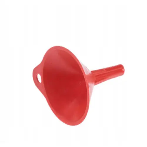 Rød Komperdell plasttrakt med opphengshull i håndtaket, sidevisning mot hvit bakgrunn.