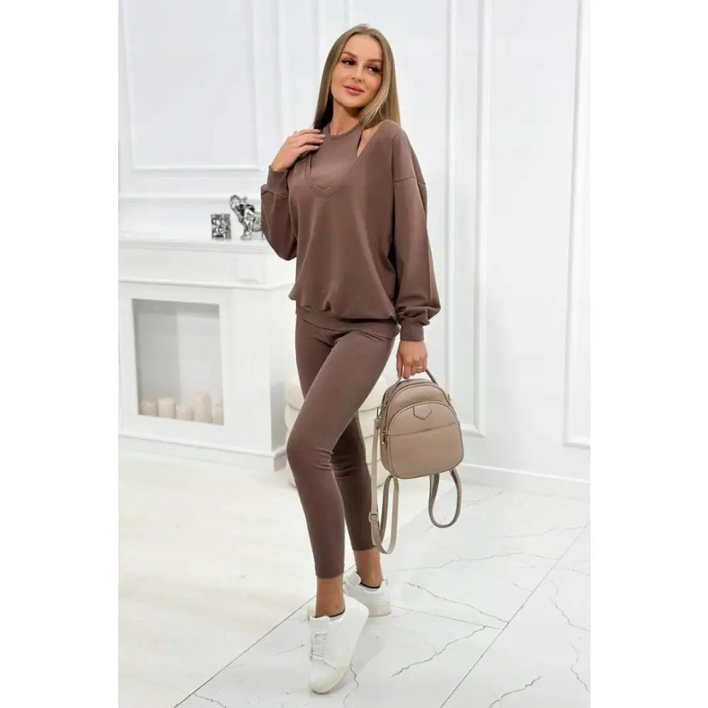 Komplett 3-delt Sett med Hettegenser + Topp + Leggings i Mocca U.