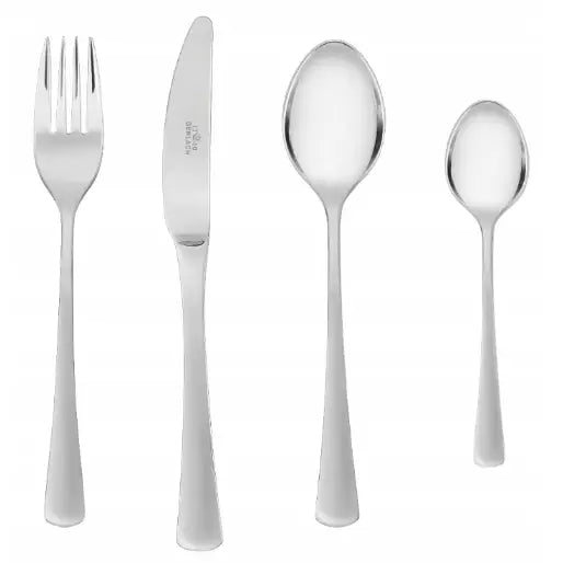 Komplett bestikksett i blankt stål for 12 personer, frontvisning av gaffel, kniv, skje og teskje med klassisk design.