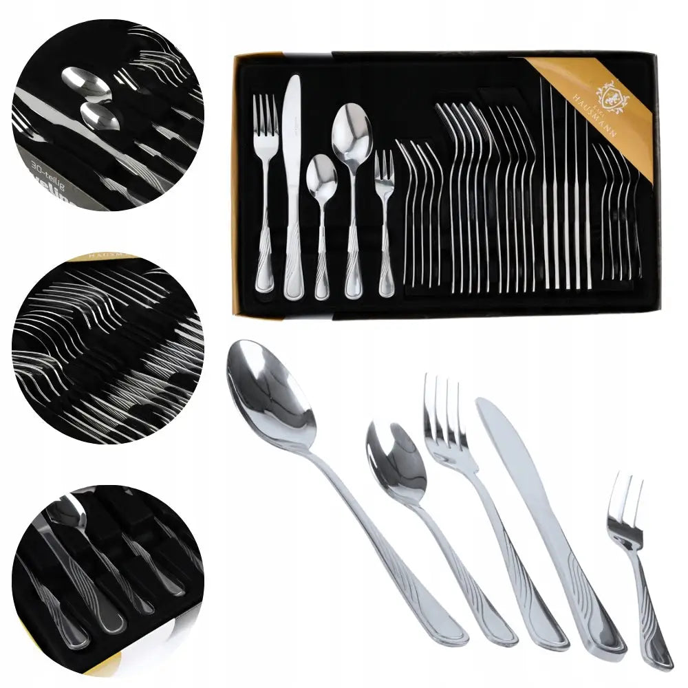 Bestikksett i rustfritt stål, elegant mønster, arrangert i sort eske med nærbilder av detaljene.