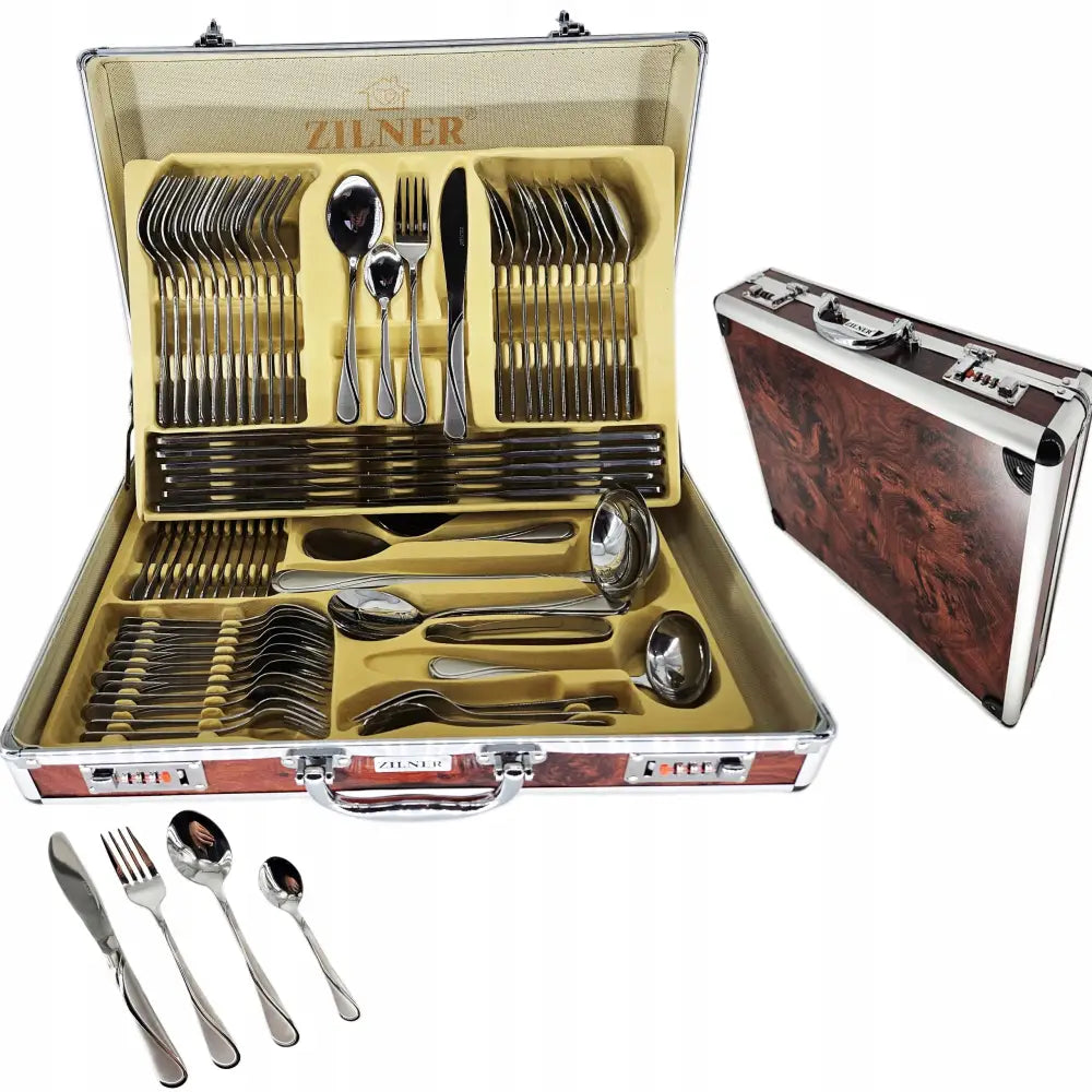 Bestikksett for 12 personer i rustfritt stål, åpen koffert med beige fôr og fire bestikkdeler foran.