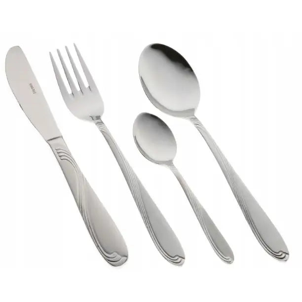 Bestikksett Hoffner S, fire deler sett ovenfra med buede skaft og gravert bølgemønster på hvit bakgrunn.