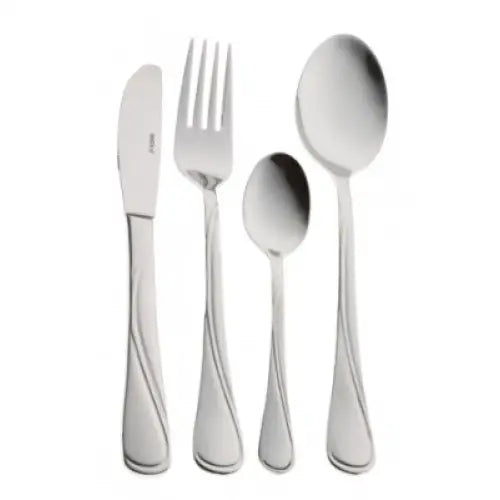 Bestikksett Hoffner S, nærbilde av fire deler med buet skaftmønster i rustfritt stål mot hvit bakgrunn.