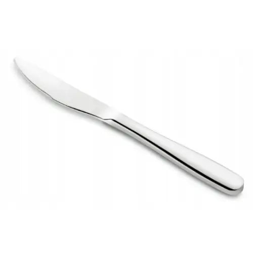 Sølvfarget bordkniv i rustfritt stål fra Tadar Leros, sideprofil med glatt, avrundet håndtak.