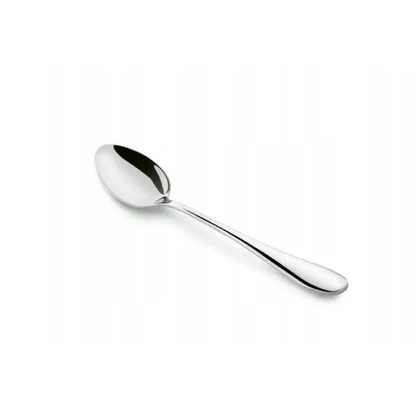 Skje fra Tadar Leros bestikksett, skrått fotografert for å vise klassisk, enkel design i blankt rustfritt stål.