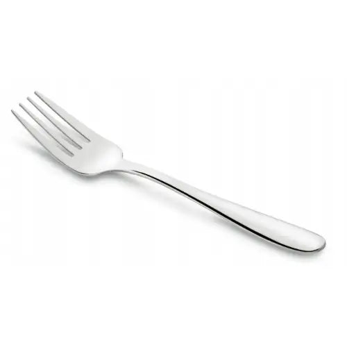 Blank gaffel i rustfritt stål fra Tadar Leros, sett skrått forfra med fire rette tagger og minimalistisk design.