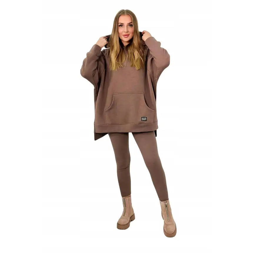 Komplett Bomullssett med Foret Hettegenser + Leggings i Mokka