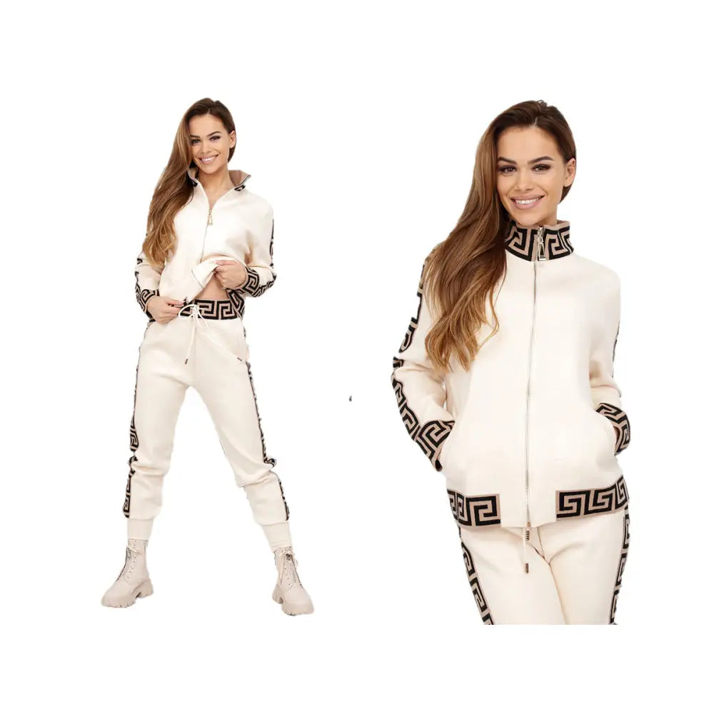 Komplett Drakt Glidelås Kremfarget med Svart Kamel Mønster 2158