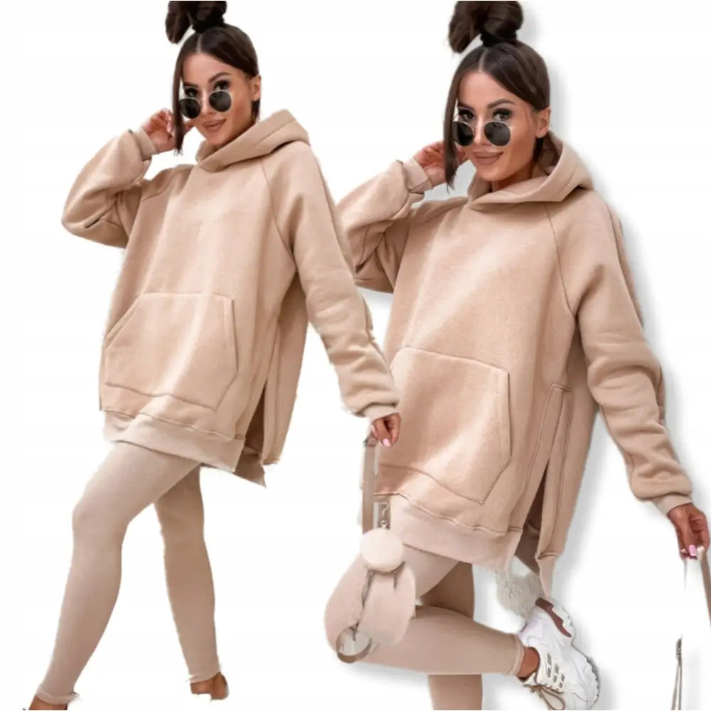 Komplett Dresset Varmt Sett med Lang Genser med Splitt og Leggings Beige Mønster