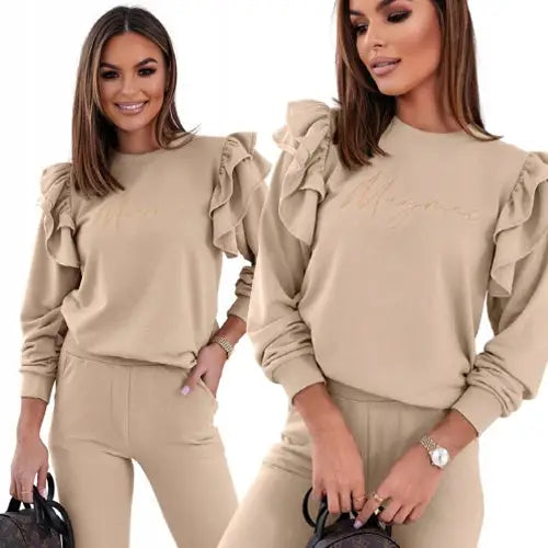 Komplett Joggedress med Hettegenser og Bukser med Volanger i Lysebeige