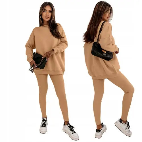 Komplett Joggedress Ribbestrikkede Leggings og Hettegenser med Lomme Beige