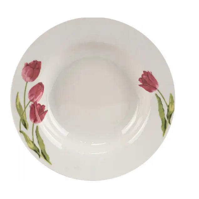 Hvit suppetallerken i porselen med rosa tulipaner og grønne blader i floralt mønster, sett ovenfra.