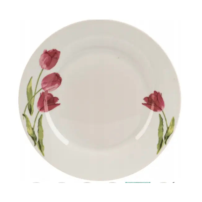 Hvit tallerken med rosa tulipanmotiv og grønne blader langs kanten, sett ovenfra mot hvit bakgrunn.