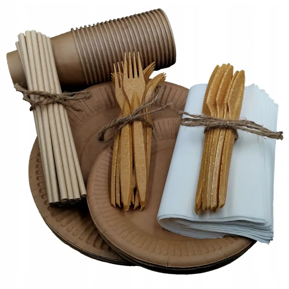 Komplett øko engangsservise sett for 100 personer, sett ovenfra med bunter av tallerkener, kopper og bestikk.