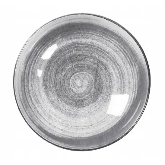 Grå keramiktallerken fra Konsimo-servise, sett ovenfra med sirkelmønster og blank, reflekterende overflate.