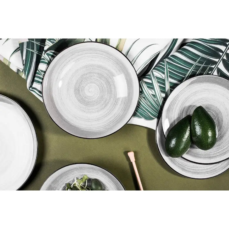 Komplett porselensservise, 18 deler, lysegrå tallerkener med sirkulært mønster, avokado og grønne skudd.