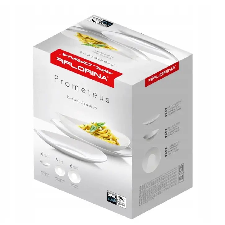 Komplett servisesett for seks personer, eske med bilde av hvite ovale tallerkener og pastarett på forsiden.