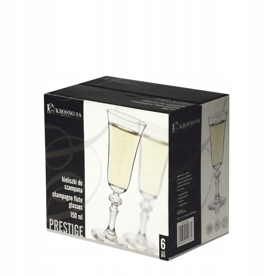 Komplett sett med seks Krosno Krista champagneglass à 150 ml i elegant gaveeske, skrå vinkel.