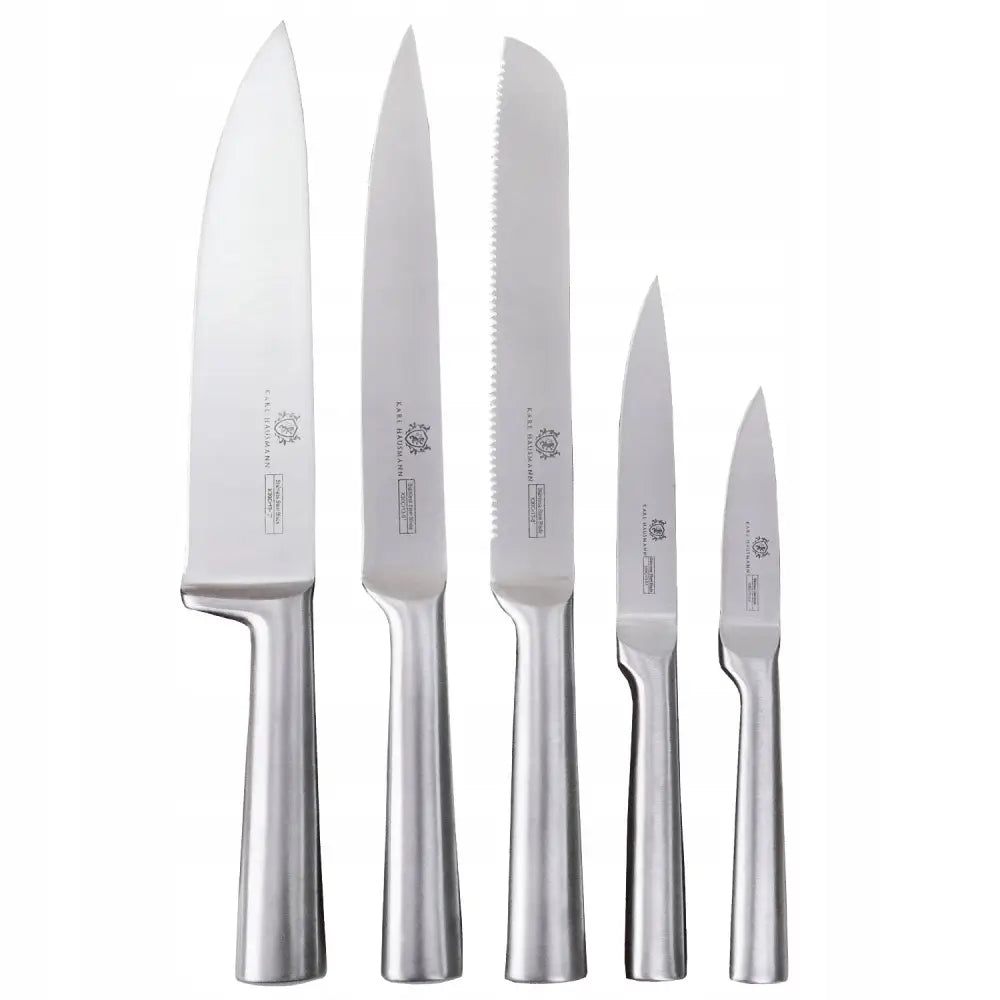 Komplett kjøkkenknivsett i rustfritt stål, fem kniver med ulike bladformer og helhetlig metallfinish.