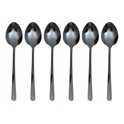 Seks Lugano spiseskjeer i blankt rustfritt stål, stående side om side mot hvit bakgrunn.