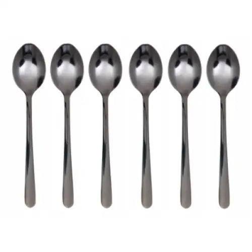 Seks Lugano spiseskjeer i blankt rustfritt stål, arrangert parallelt mot hvit bakgrunn.