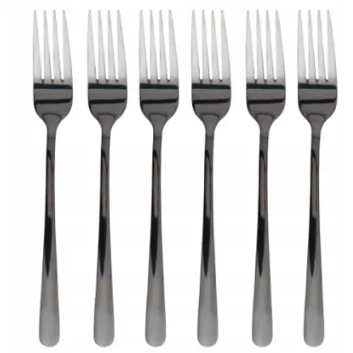 Seks Lugano gafler i rustfritt stål, klassisk design, arrangert side om side mot lys bakgrunn.