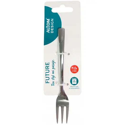 Liten dessertgaffel med tre tinder fra Altom Design Future, presentert foran dekorativ forpakning.