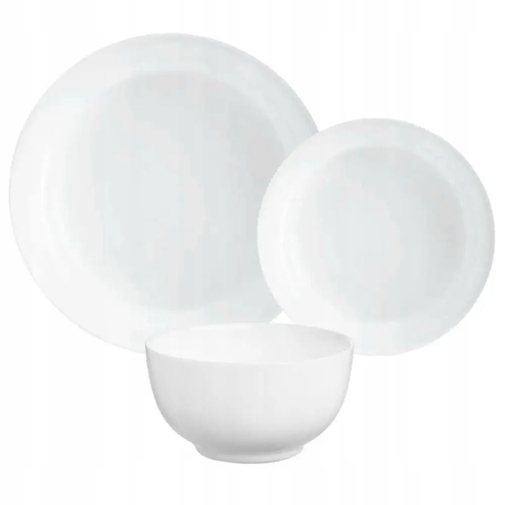 Komplett sett Diwali Luminarc, hvit middagstallerken, asjett og bolle fremstilt mot hvit bakgrunn.